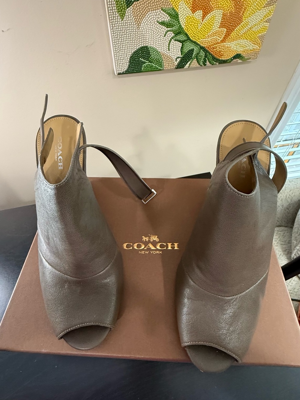 COACH  Lindsay Brown Leather Peep-Toe Slingback Heels